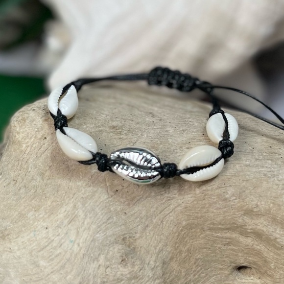 NEW Real Cowrie Shells w Silver on Black Soft wax Cording Bracelet &/or Anklet - Picture 2 of 9
